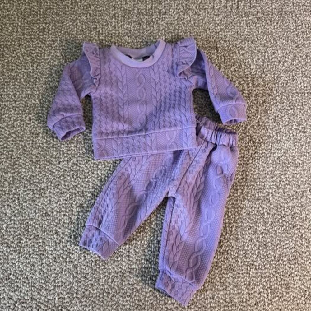 Baby Girl 2pc Cable Knit Ruffle Set Top Pants Lavender Purple 3-6 Months